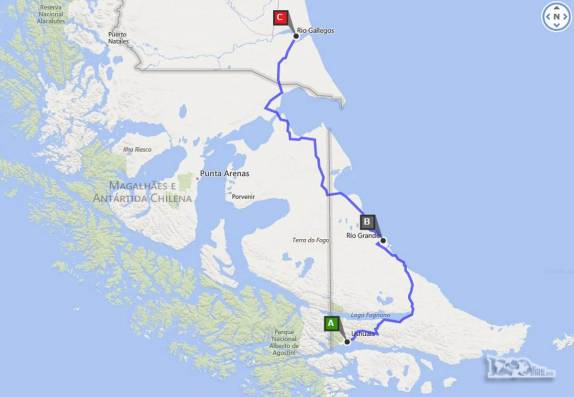 Percurso de 580 km entre Ushuaia, no sul da Terra do Fogo e Rio Gallegos, no sul da Argentina, passando por Rio Grande, entrando no Chile, cruzando o estreito de Magalhães de balsa (2,5 km) em Bahia Azul e regressando à Argentina novamente